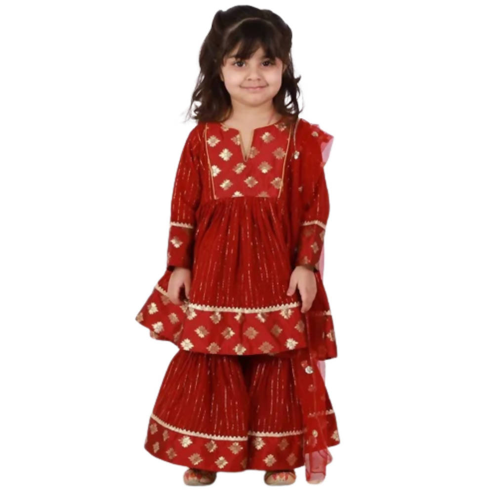 Little Bansi Girls Maroon Color Brocade patch work Kurta Frock with Sharara and Dupatta