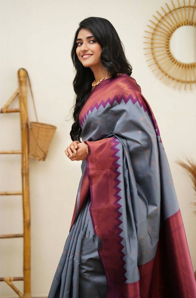 DEIANA'S Beautiful Designer Golden zari Soft Lichi Silk Saree - Grey