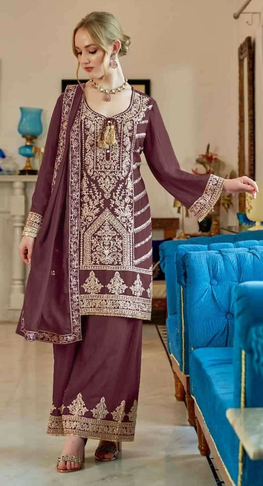Anaita Brown Vichitra Simar With Embroidery Coding Sequence Stitched Salwar Suit - Distacart
