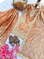 Teeya Creation Peach Pure Silk Gimmy Silk Heavy Embroidery Work Wedding Wear Palazzo Pair - Distacart