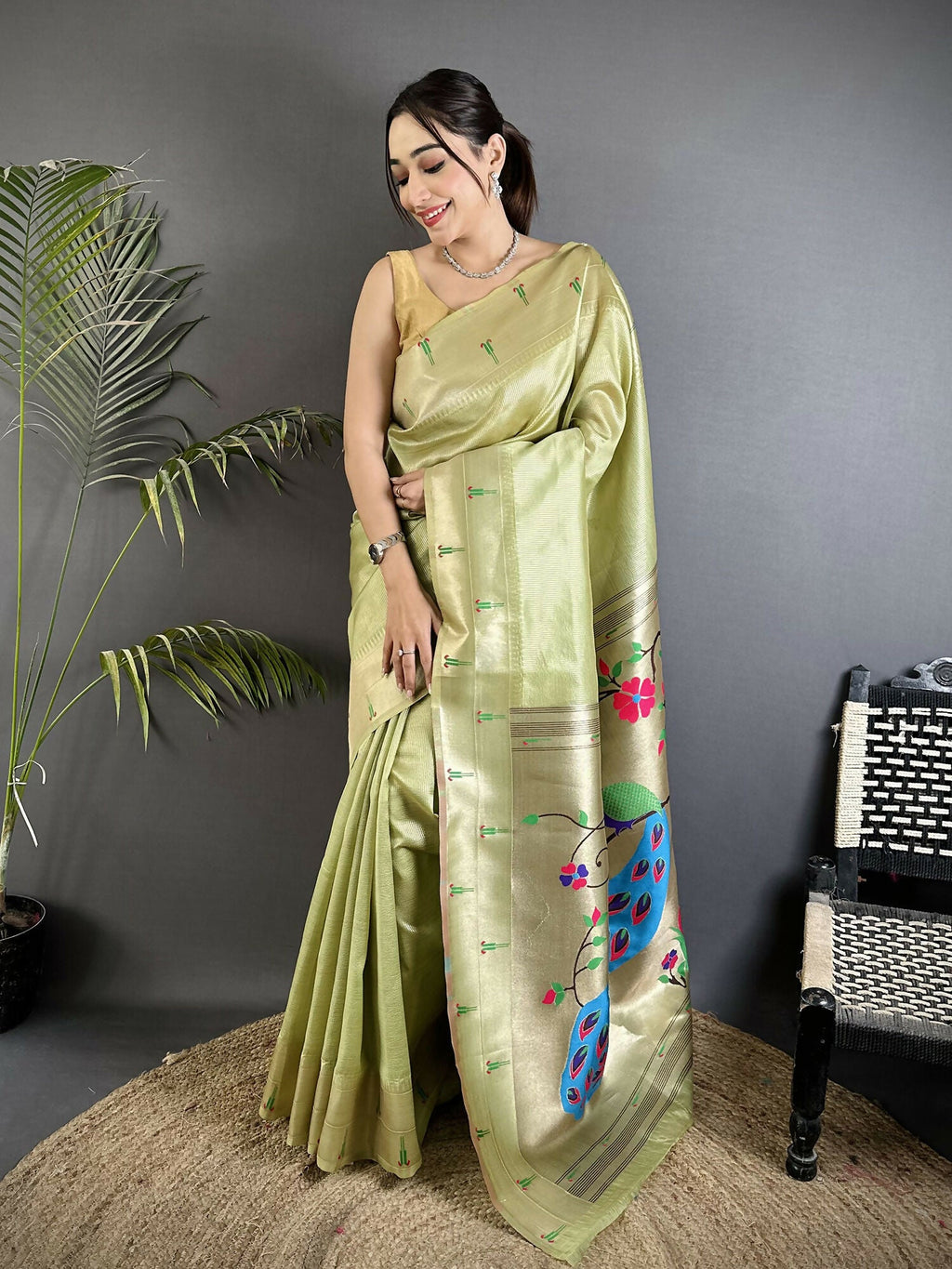Joban Fashion Pista Green Peacock & Floral Motifs Tissue Paithani Saree