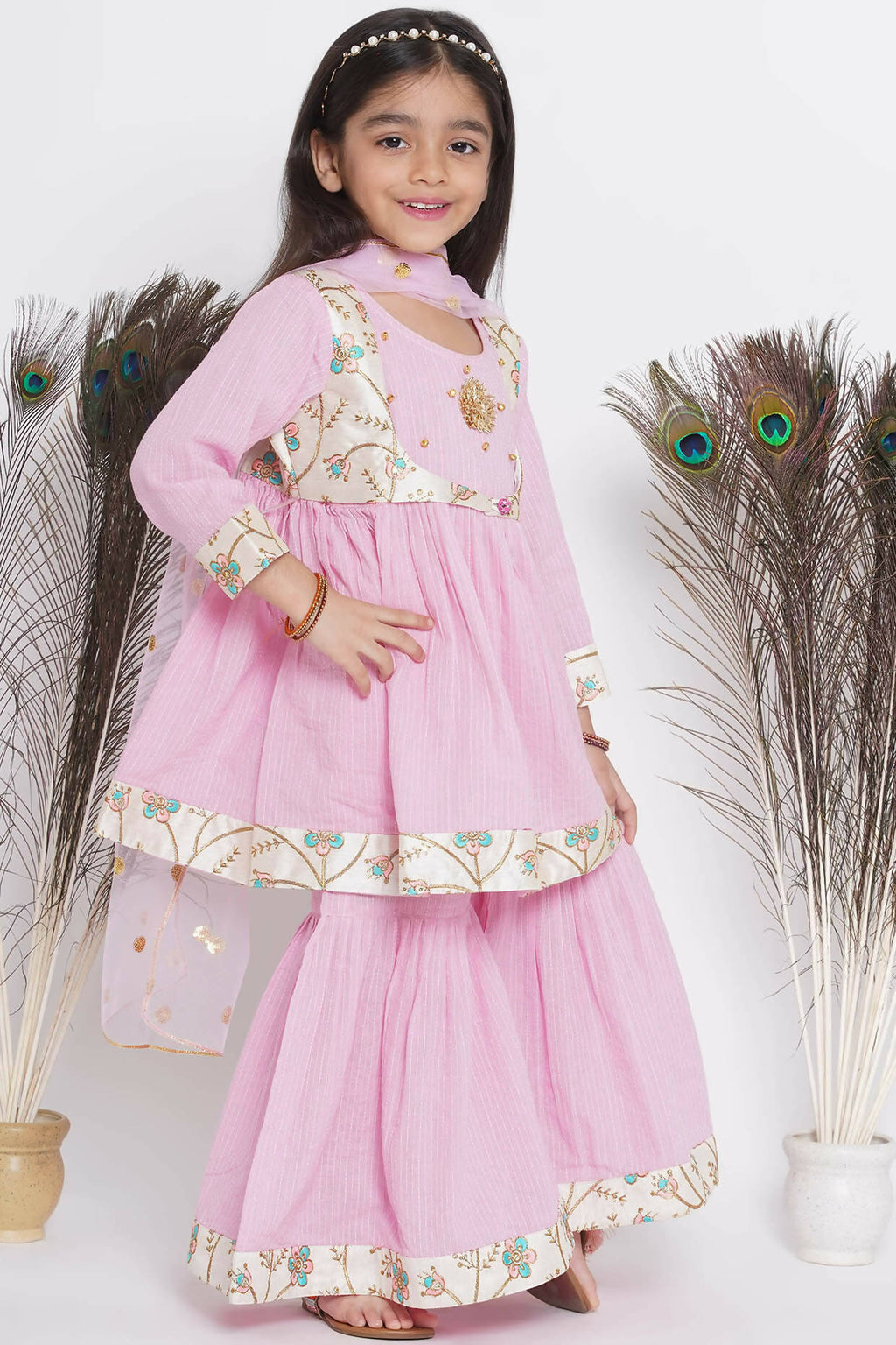 Little Bansi Floral Embroidery Jacket With Cotton Kantha Frock Sharara And Dupatta With Ghungroo Handwork - Pink