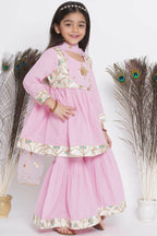 Little Bansi Floral Embroidery Jacket With Cotton Kantha Frock Sharara And Dupatta With Ghungroo Handwork - Pink