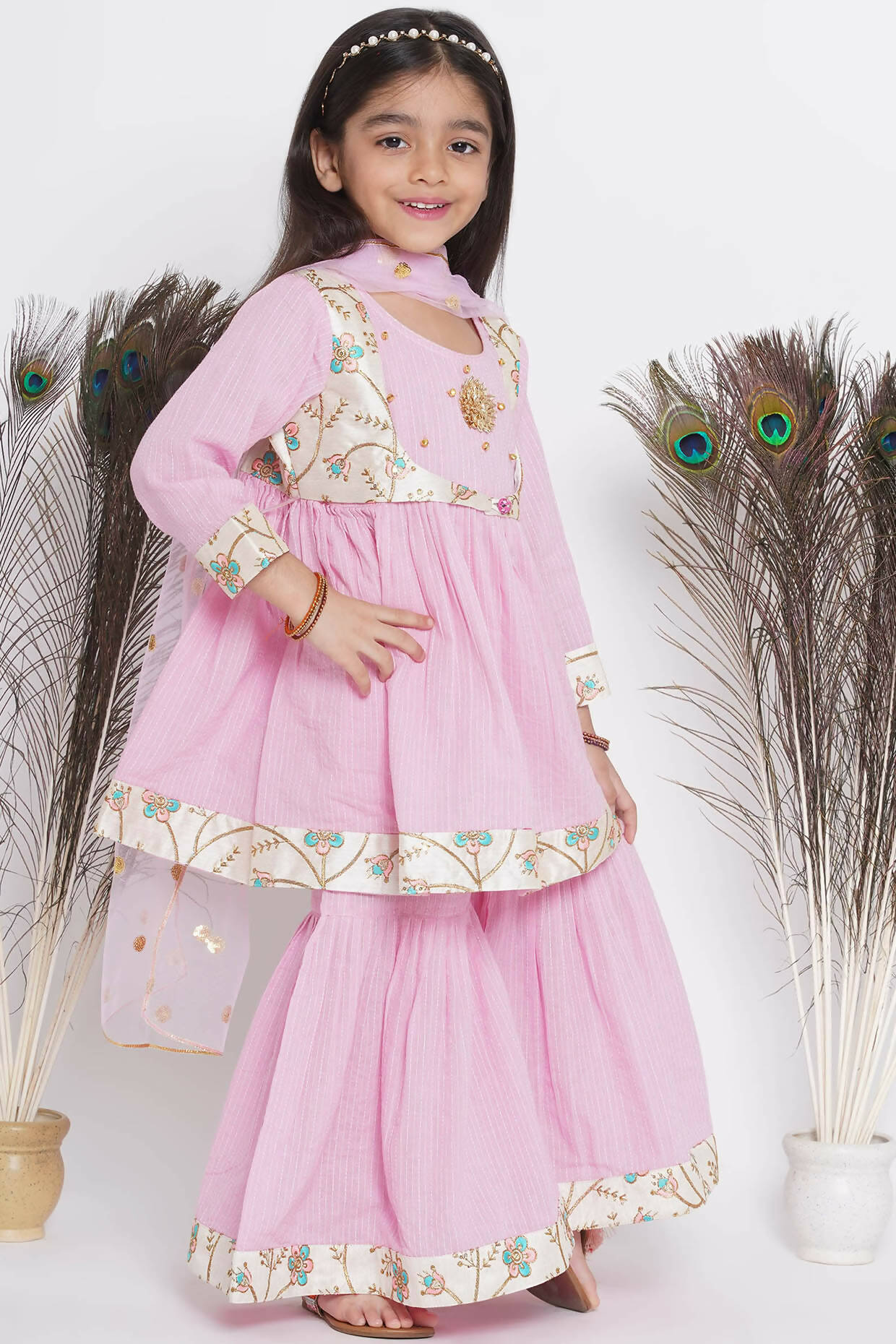 Little Bansi Floral Embroidery Jacket With Cotton Kantha Frock Sharara And Dupatta With Ghungroo Handwork - Pink