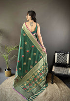 Joban Fashion Green Elephant & Floral Motifs Soft Lichi Silk Banarasi Saree - Distacart
