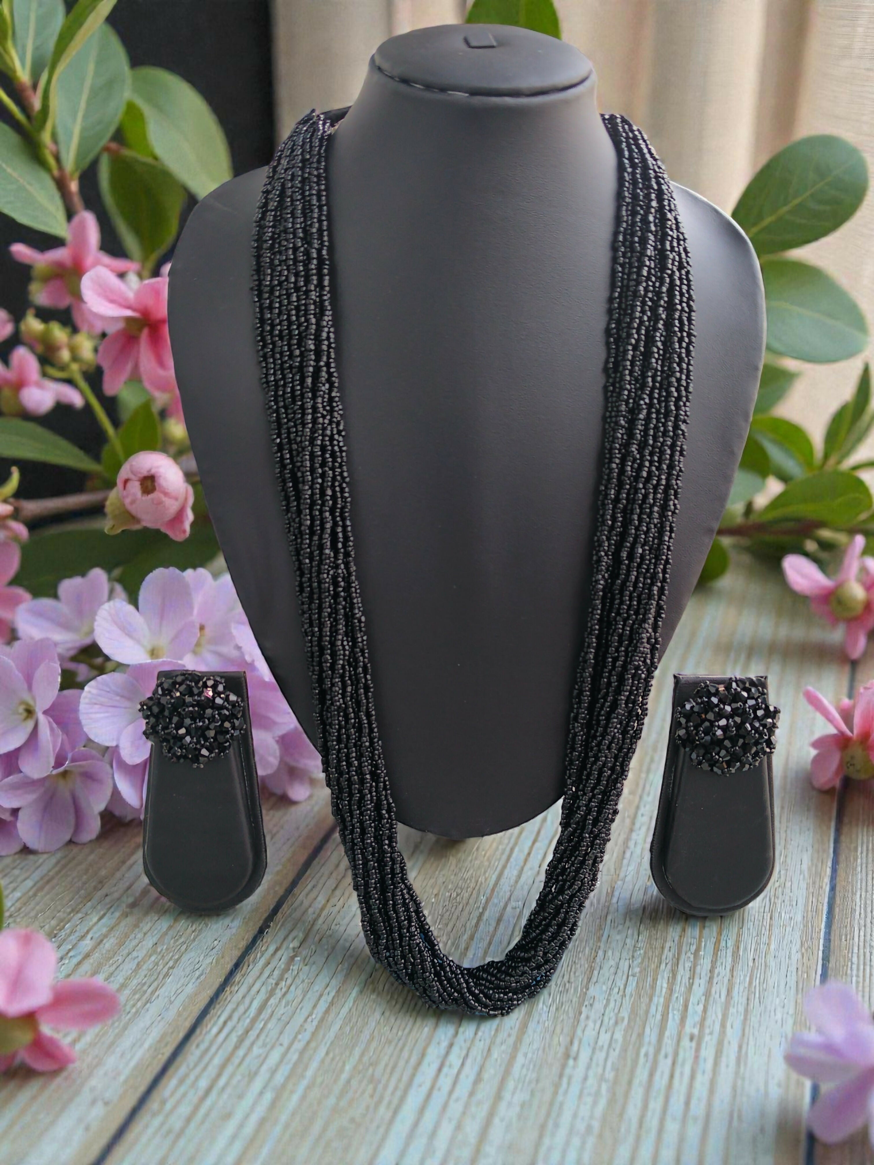 Inhanns Rangsaaz 20-Layer Luxe Long Beaded Necklace (With Optional Statement Earrings) - Black With Earring Long 20 Layer