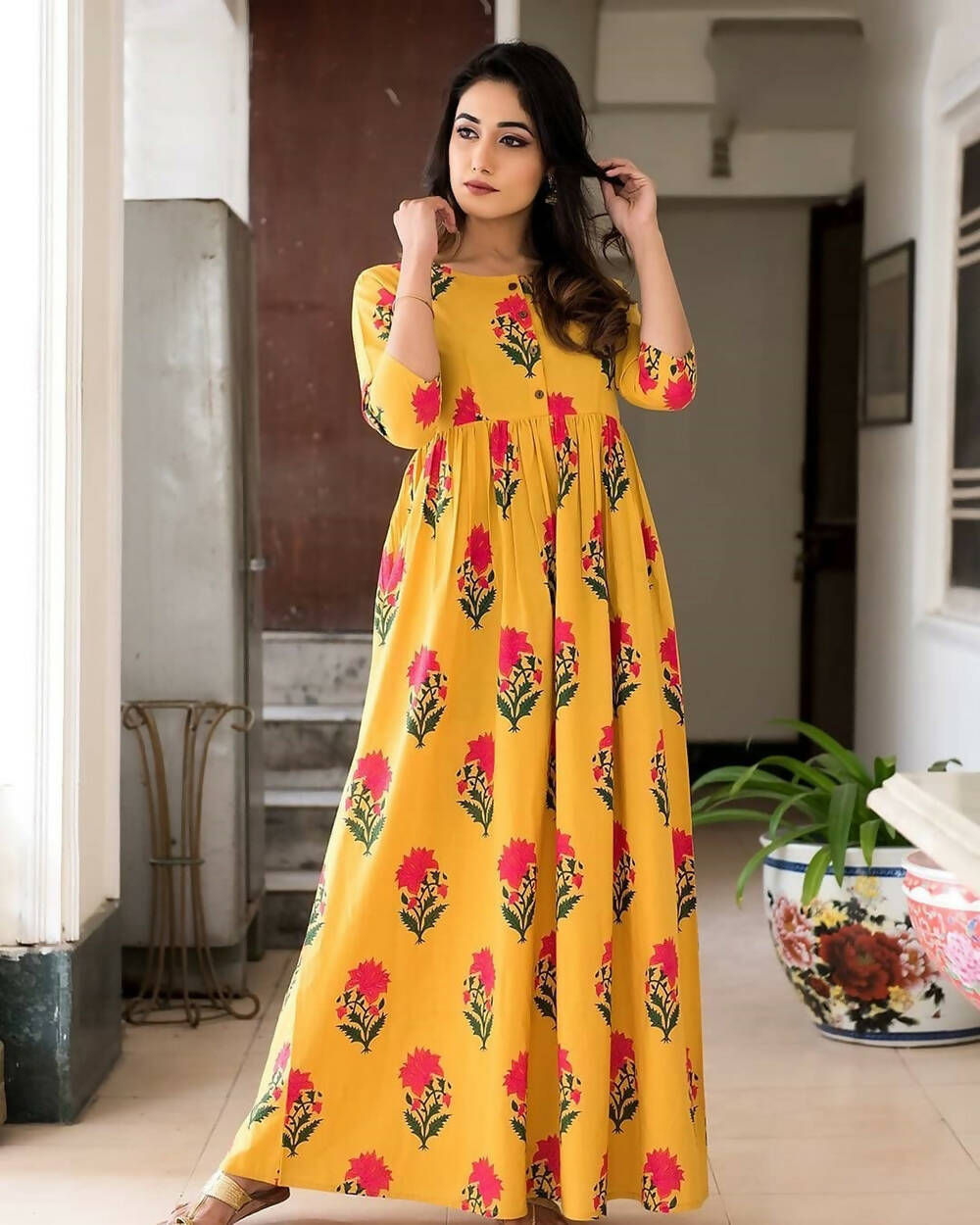 Partywear Designer Gold Yellow Pure Maslin Gown - Anbazaar - Distacart