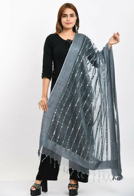 Mominos Fashion Moeza Women's Orgenza Mirror Stripe Thread Work Grey Dupatta