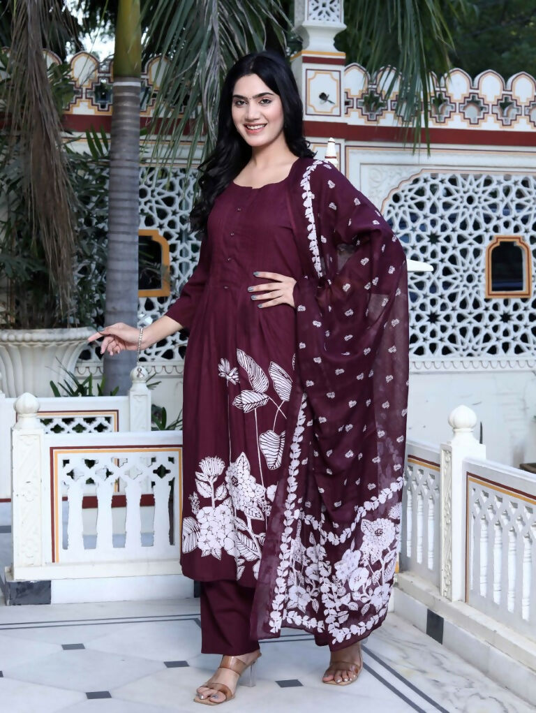 Miravan Women's Wine Pintucks Cotton Floral Elegant Straight Kurta and Palazzo with Dupatta Set