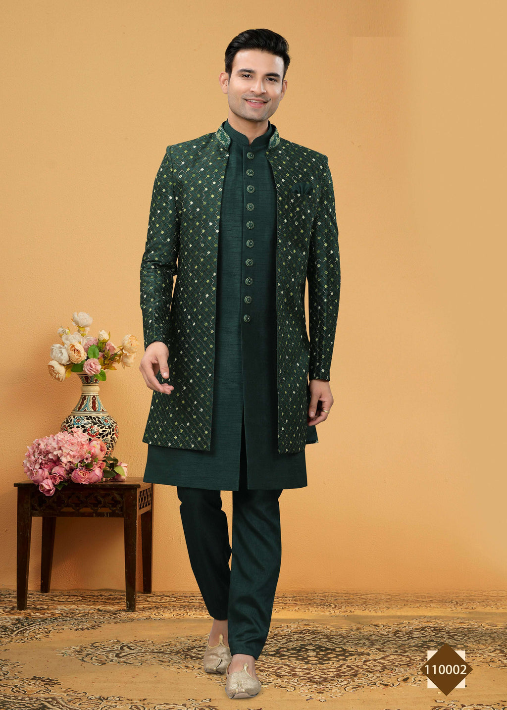Joban Fashion Men's Green Art Silk Plain Kurta Pyjama set