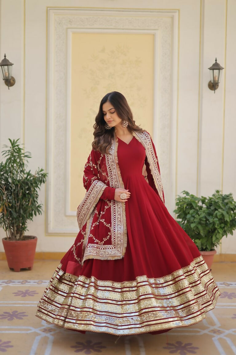 Jyoti Fashion Women's Maroon Faux Blooming Sequins Zari Embroideredy Anarkali Dress with Dupatta