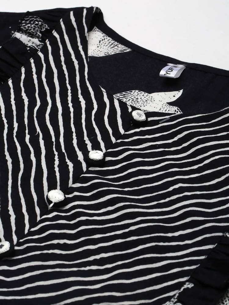 Yufta Black & White Pure Cotton Bird Print Maxi Flared Dress