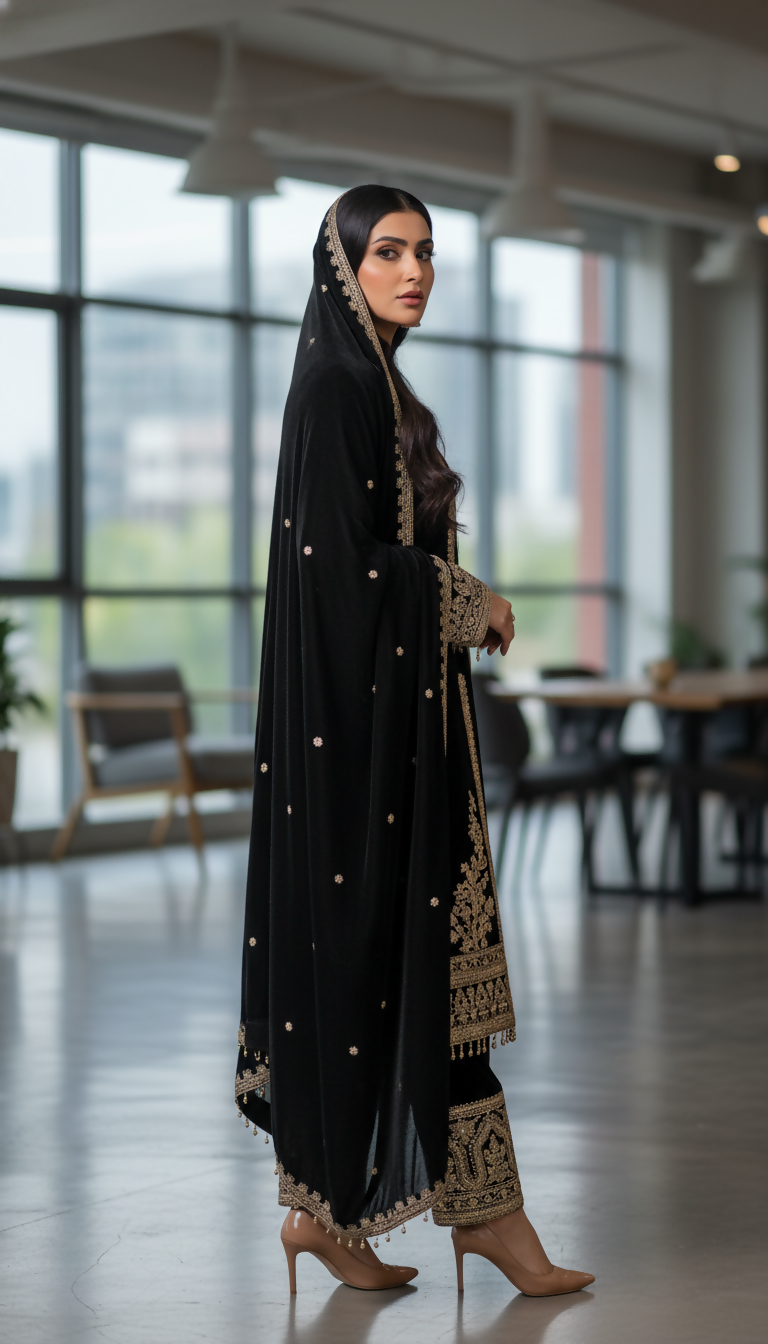 Joban Fashion Black Kurta Set Velvet Embroidery Sequence Work - Distacart