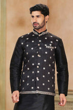 Raivat Ethnic Jacquard Banarasi Silk Woven Work 3 Pics Jacket Set In Black Colour - Distacart
