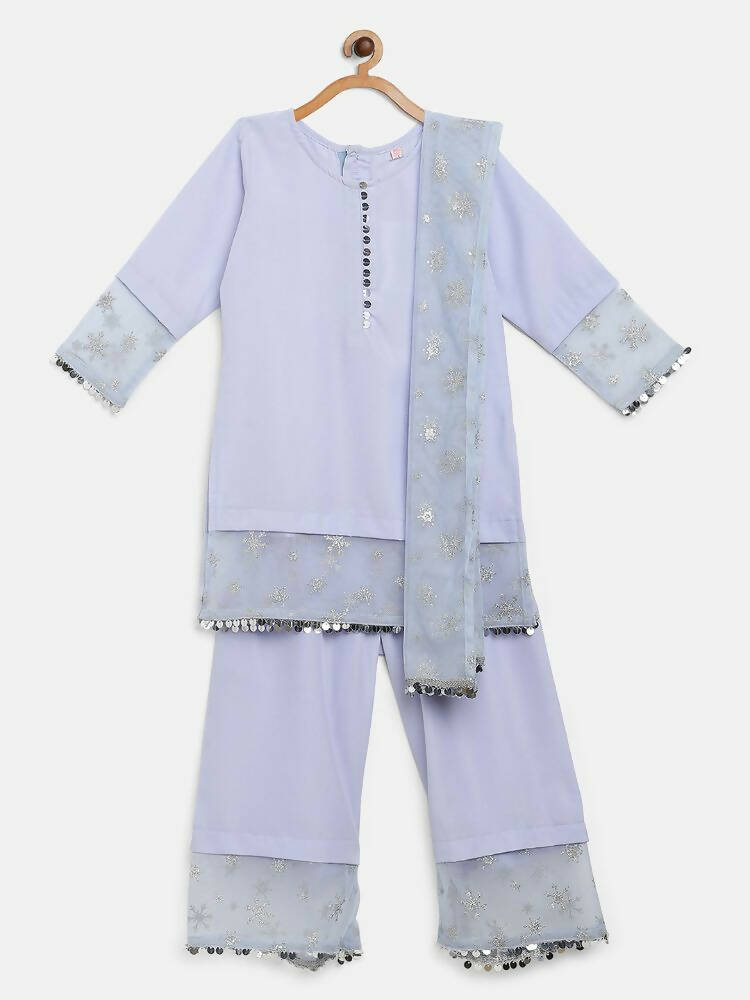 Ahalyaa Blue Crepe Silver Glitter Print Kids Kurta Palazzo Set With Dupatta For Girls