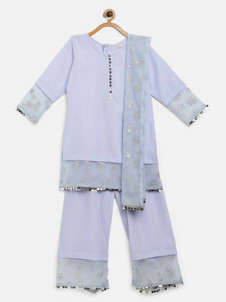 Ahalyaa Blue Crepe Silver Glitter Print Kids Kurta Palazzo Set With Dupatta For Girls