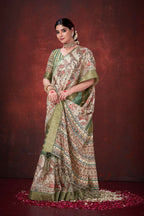 Green Poly Habotai Silk Foil Print Saree with Unstitched Blouse - Kathari