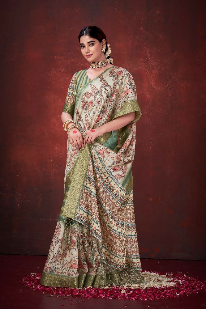 Green Poly Habotai Silk Foil Print Saree with Unstitched Blouse - Kathari