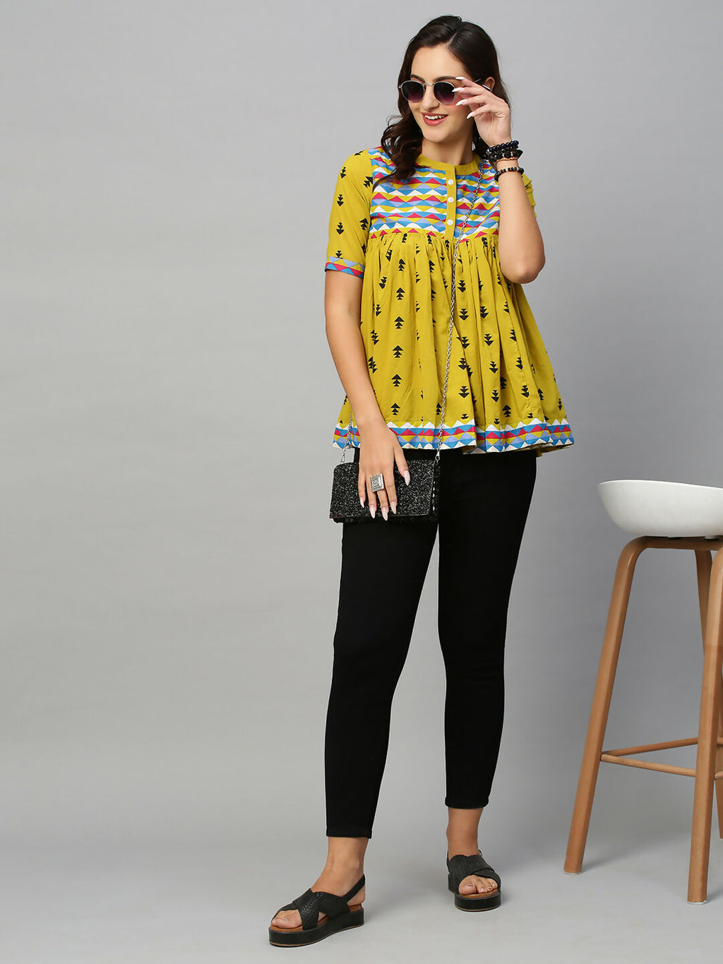 Olive Green & Black Pure Cotton Printed A-Line Top - Bosky