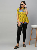 Olive Green & Black Pure Cotton Printed A-Line Top - Bosky