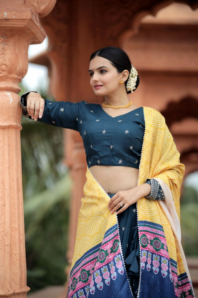 Vastranavya Navaratri Collection Myra Silk Lehenga & Blouse With Maslin Crochet Printed Dupatta Set - Turquoise