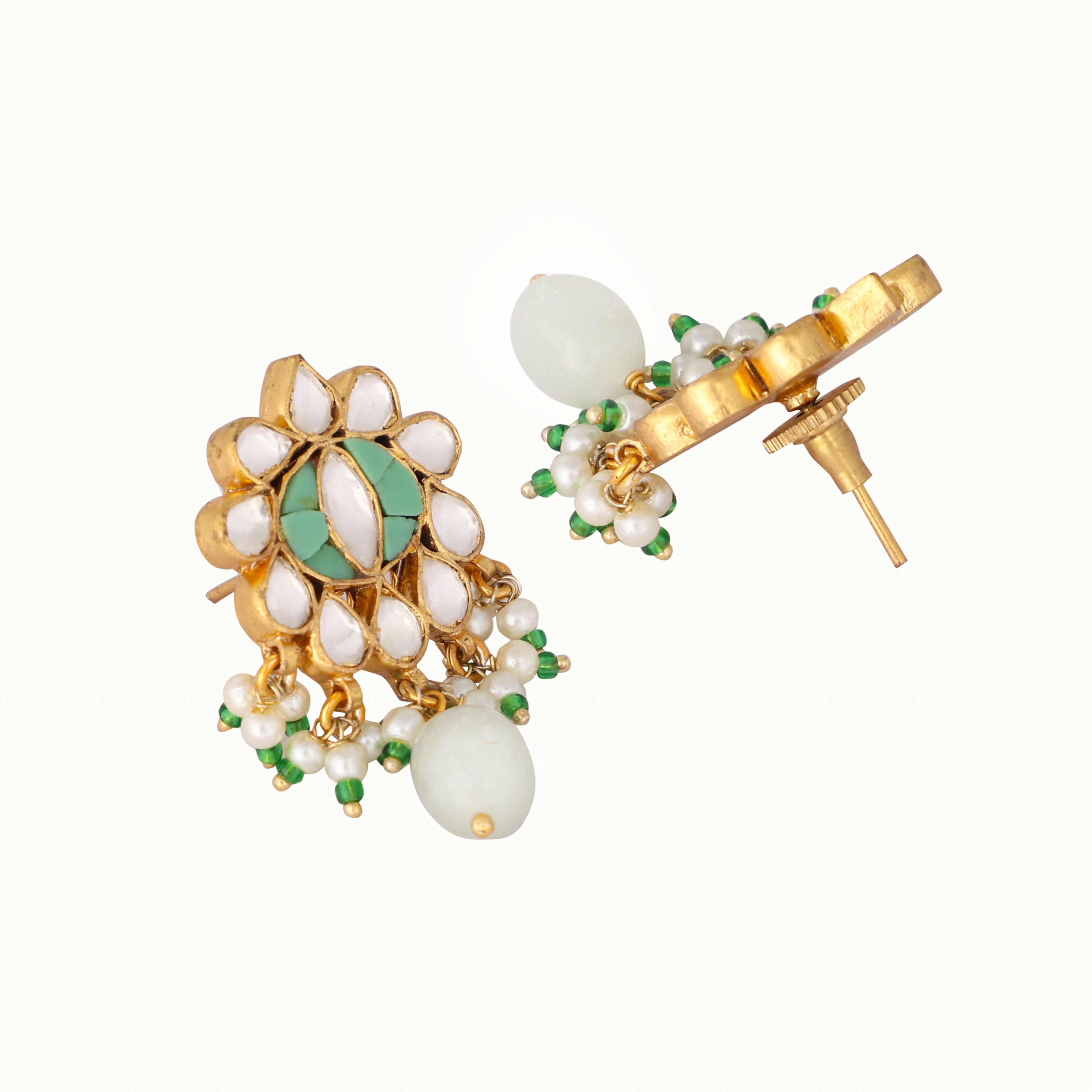 Nuyug 22K Gold Plated Semi Precious Green Stone Studded Pearl Drop Stud Earrings - Distacart
