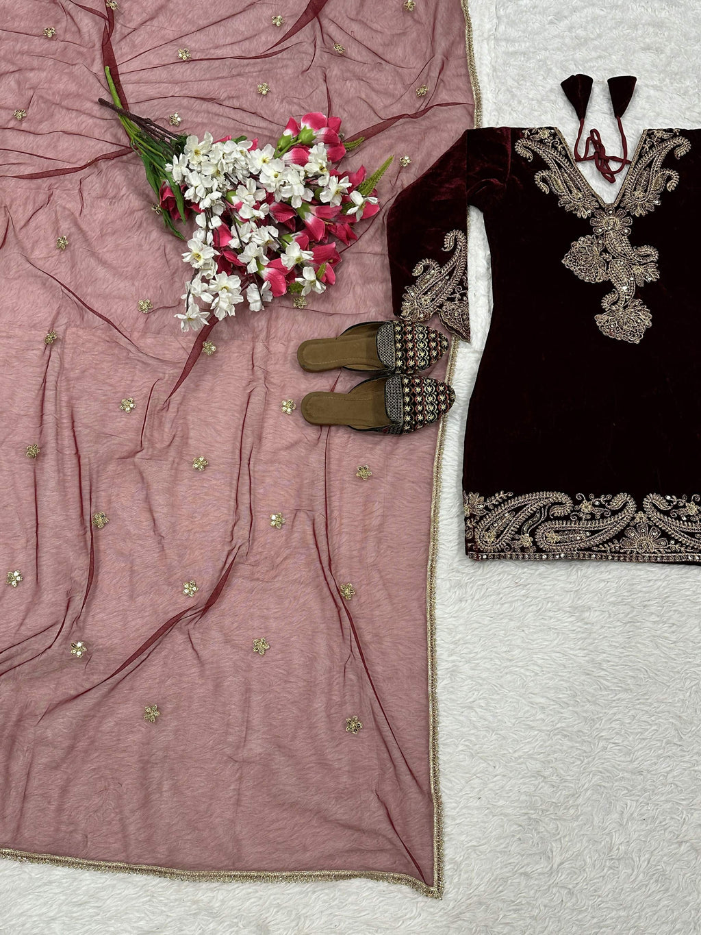Vastranavya Wine Viscose Velvet Cording Sequence Embroidery Work Suit-Bottom With Dupatta - Distacart