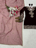 Vastranavya Wine Viscose Velvet Cording Sequence Embroidery Work Suit-Bottom With Dupatta - Distacart