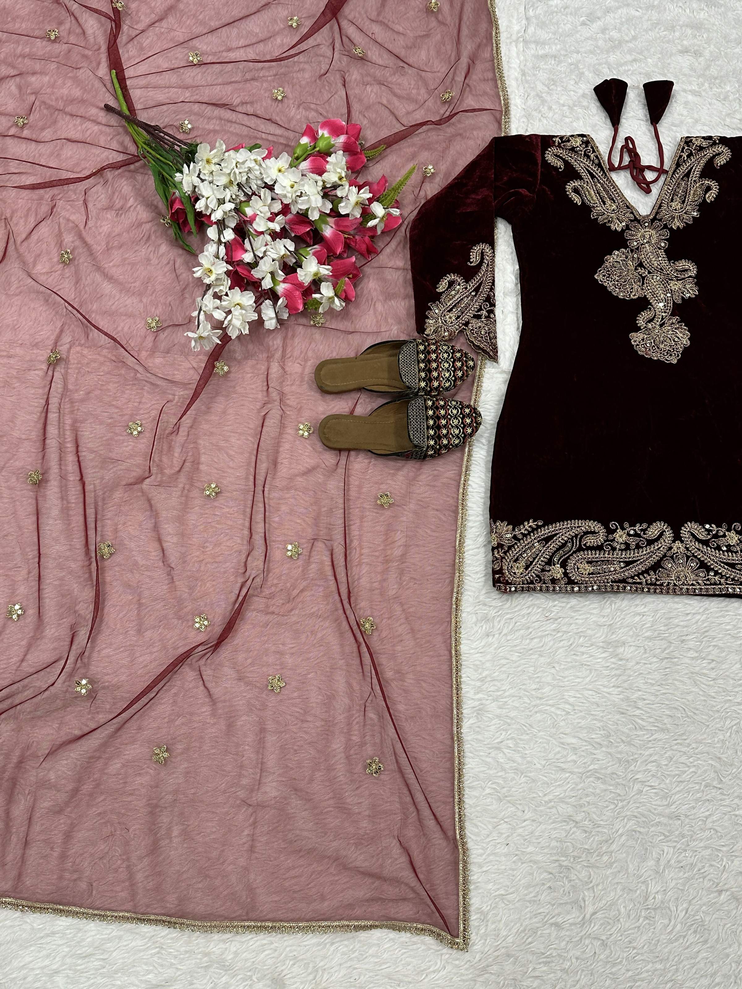 Vastranavya Wine Viscose Velvet Cording Sequence Embroidery Work Suit-Bottom With Dupatta - Distacart