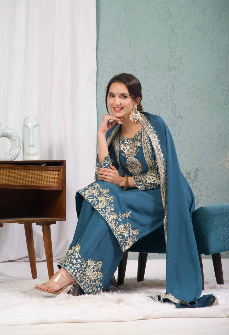 Teeya Creation Blue Color Chinnon Silk Embroidery Work Fully Stitched Plazo Pair - Distacart