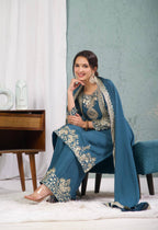 Teeya Creation Blue Color Chinnon Silk Embroidery Work Fully Stitched Plazo Pair - Distacart