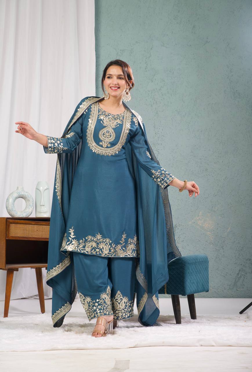 Teeya Creation Blue Color Chinnon Silk Embroidery Work Fully Stitched Plazo Pair - Distacart