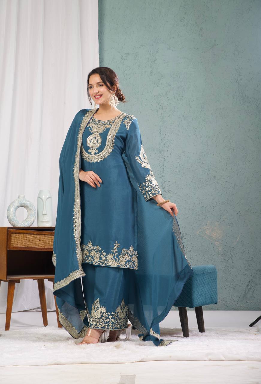 Teeya Creation Blue Color Chinnon Silk Embroidery Work Fully Stitched Plazo Pair - Distacart