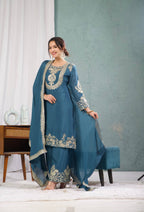 Teeya Creation Blue Color Chinnon Silk Embroidery Work Fully Stitched Plazo Pair - Distacart