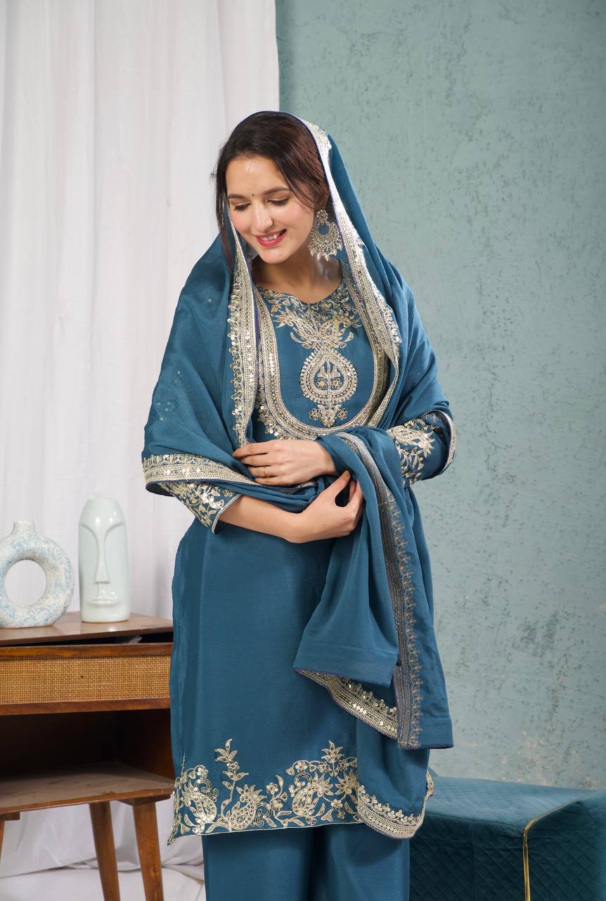 Teeya Creation Blue Color Chinnon Silk Embroidery Work Fully Stitched Plazo Pair - Distacart