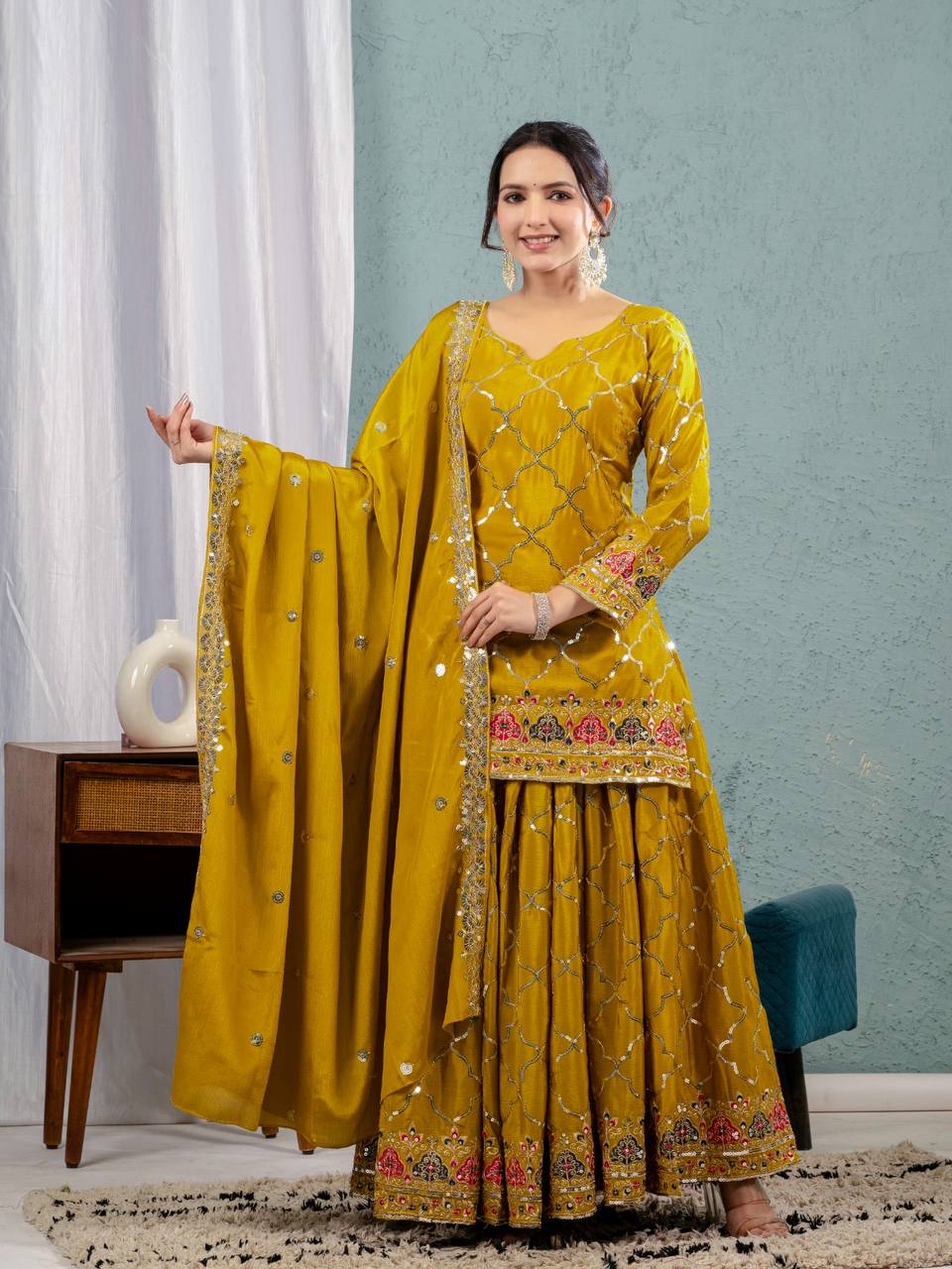Teeya Creation Yellow Color Chinnon Silk Embroidery Work Fully Stitched Salwar Suit - Distacart