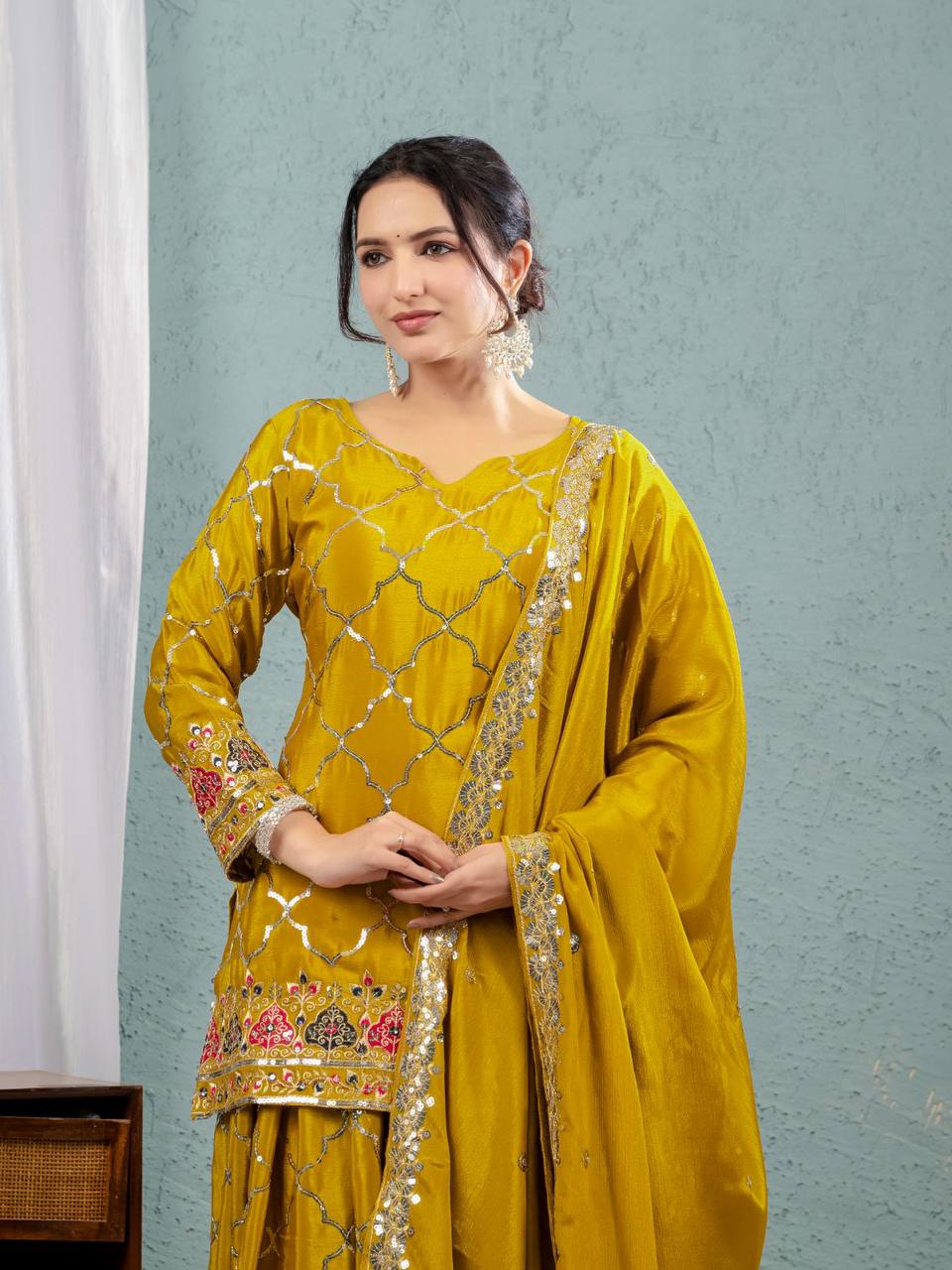 Teeya Creation Yellow Color Chinnon Silk Embroidery Work Fully Stitched Salwar Suit - Distacart