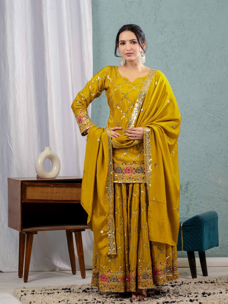 Teeya Creation Yellow Color Chinnon Silk Embroidery Work Fully Stitched Salwar Suit - Distacart