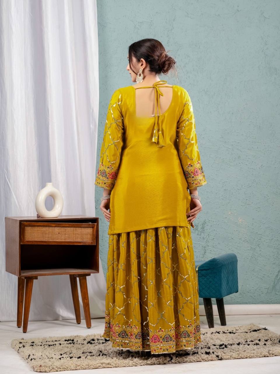Teeya Creation Yellow Color Chinnon Silk Embroidery Work Fully Stitched Salwar Suit - Distacart