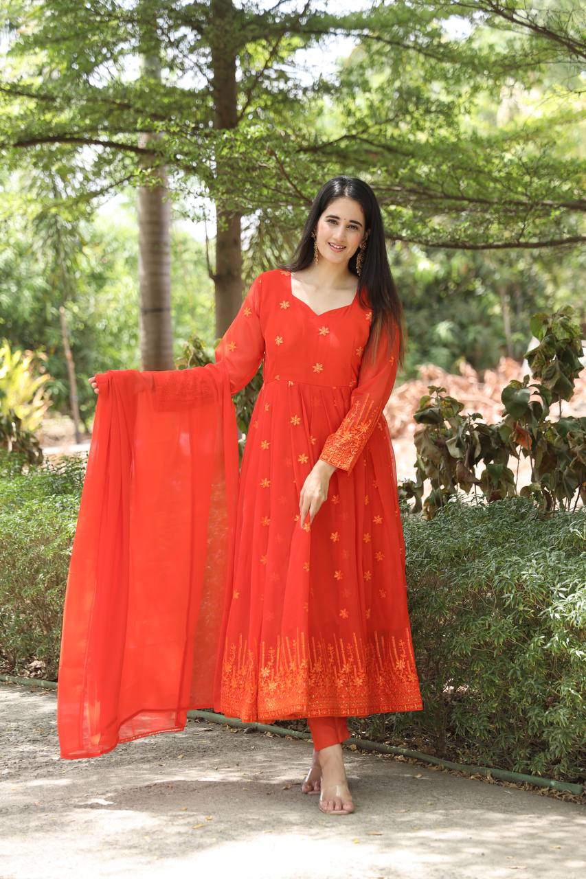 Teeya Creation Orange Color Georgette Heavy Embroidery And Sequence Work Anarkali With Pants And Dupatta