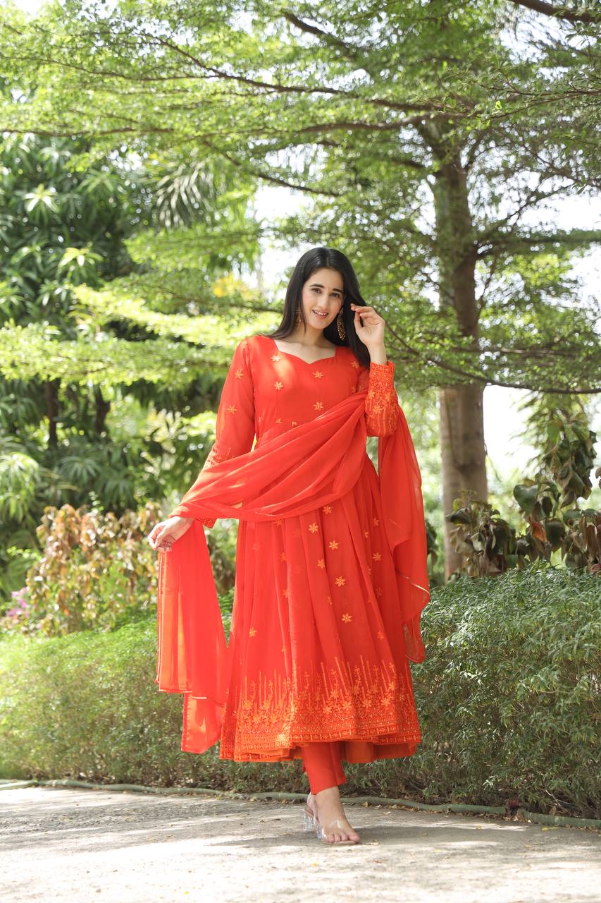 Teeya Creation Orange Color Georgette Heavy Embroidery And Sequence Work Anarkali With Pants And Dupatta