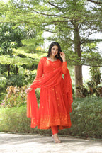 Teeya Creation Orange Color Georgette Heavy Embroidery And Sequence Work Anarkali With Pants And Dupatta