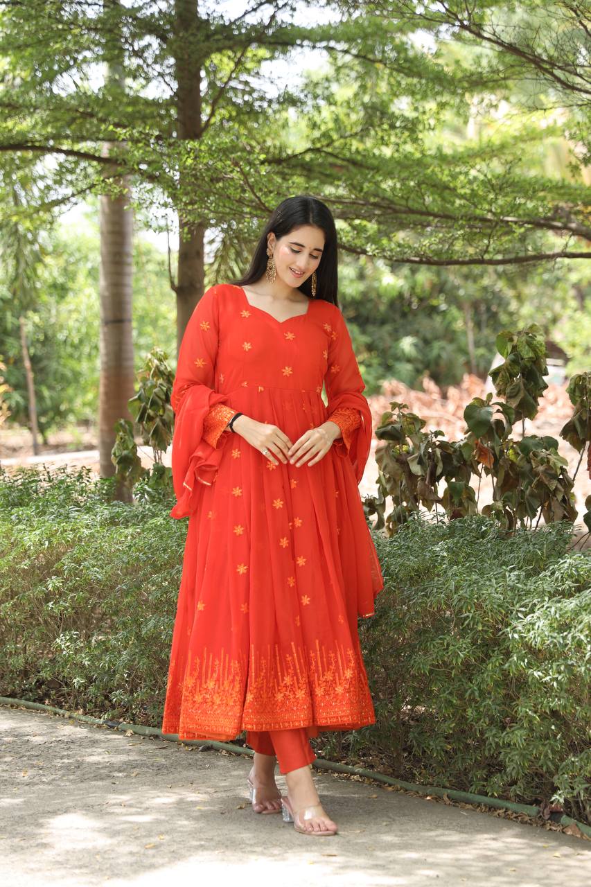 Teeya Creation Orange Color Georgette Heavy Embroidery And Sequence Work Anarkali With Pants And Dupatta