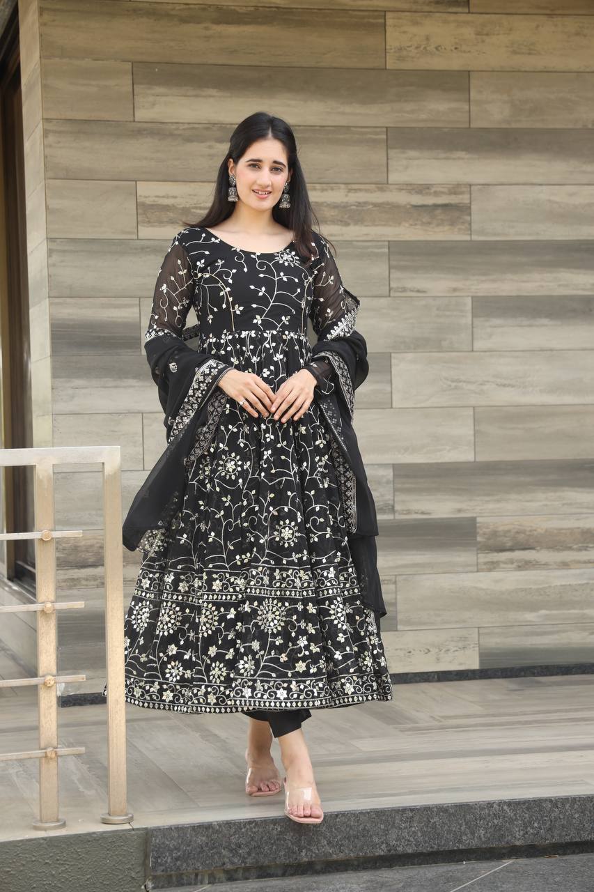 Teeya Creation Black Color Georgette Heavy Embroidery And Sequence Work Anarkali With Pants And Dupatta