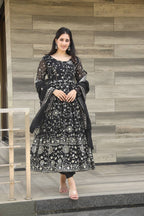 Teeya Creation Black Color Georgette Heavy Embroidery And Sequence Work Anarkali With Pants And Dupatta