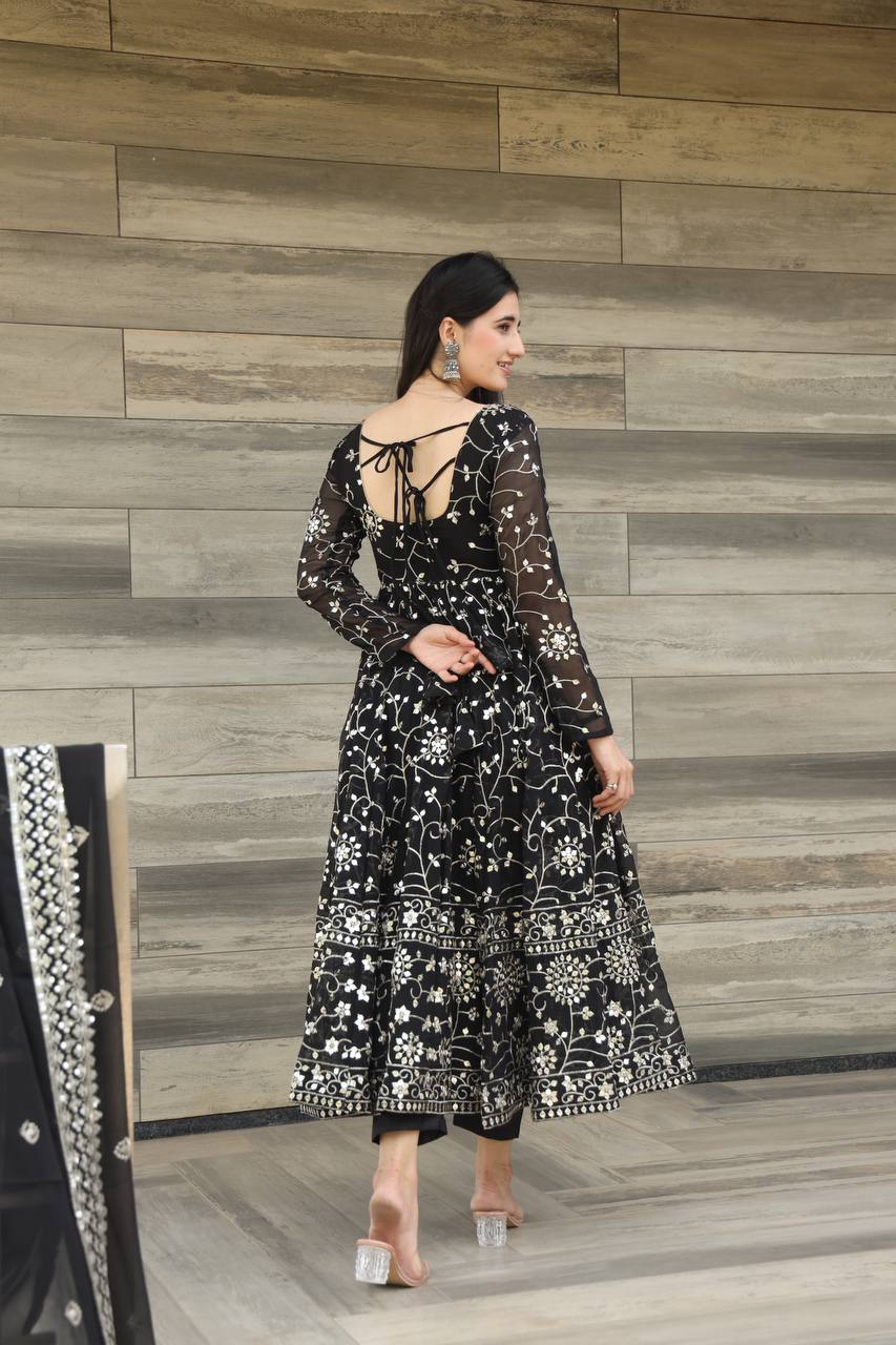 Teeya Creation Black Color Georgette Heavy Embroidery And Sequence Work Anarkali With Pants And Dupatta