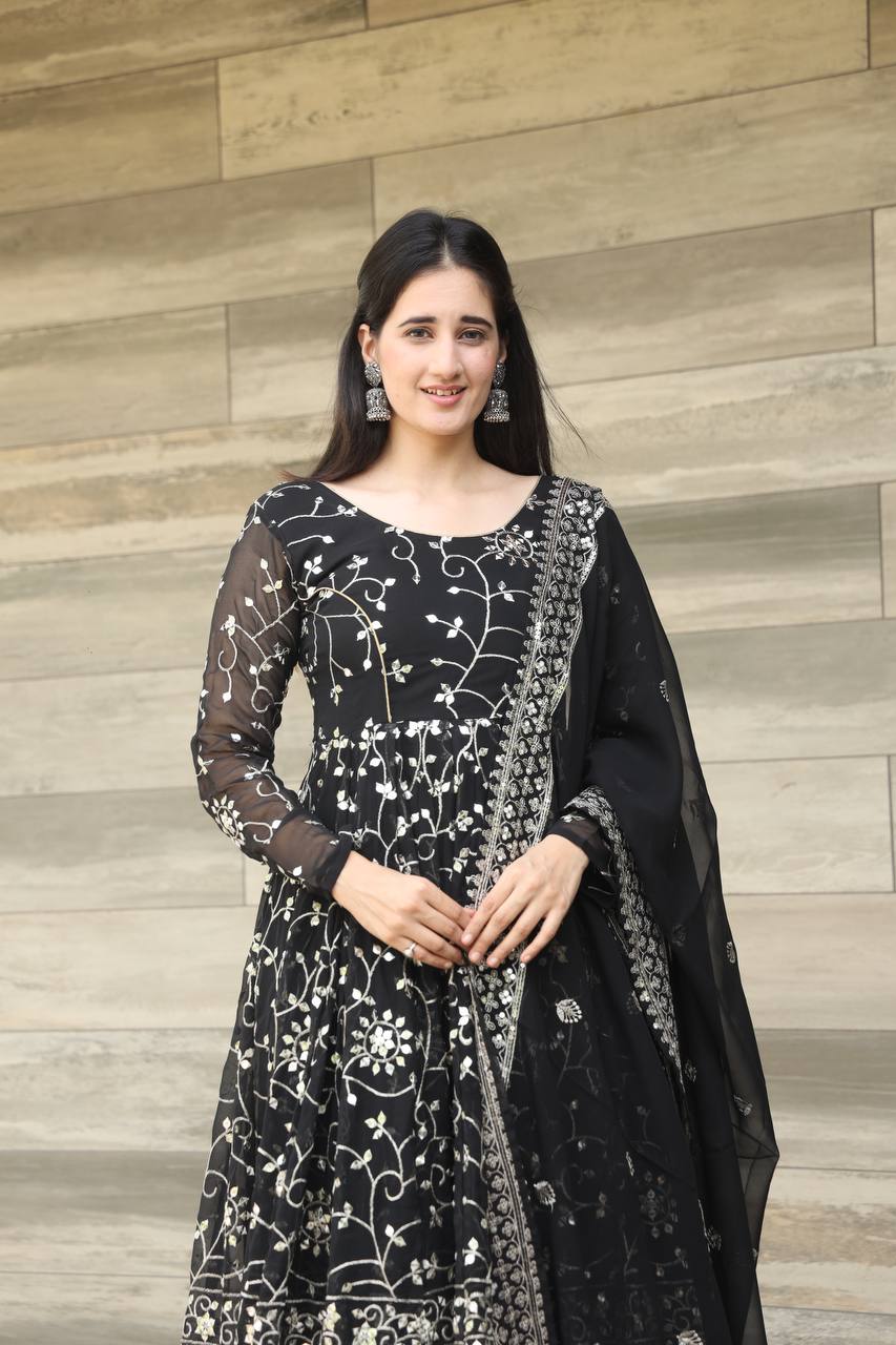 Teeya Creation Black Color Georgette Heavy Embroidery And Sequence Work Anarkali With Pants And Dupatta