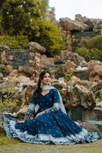 Teeya Creation Dark Teal Color Georgette Heavy Embroidery And Sequence Work Anarkali With Pants And Dupatta
