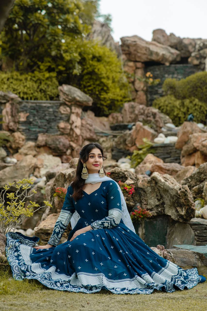 Teeya Creation Dark Teal Color Georgette Heavy Embroidery And Sequence Work Anarkali With Pants And Dupatta