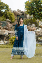 Teeya Creation Dark Teal Color Georgette Heavy Embroidery And Sequence Work Anarkali With Pants And Dupatta